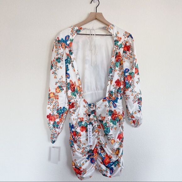 For Love & Lemons Womens Brandi Floral Ruched Mini Dress White Multi Size Medium - Picture 9 of 13